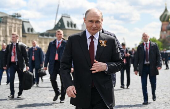 President of Russia Vladimir Putin and foreign leaders at military parade marking 80th anniversary of Victory