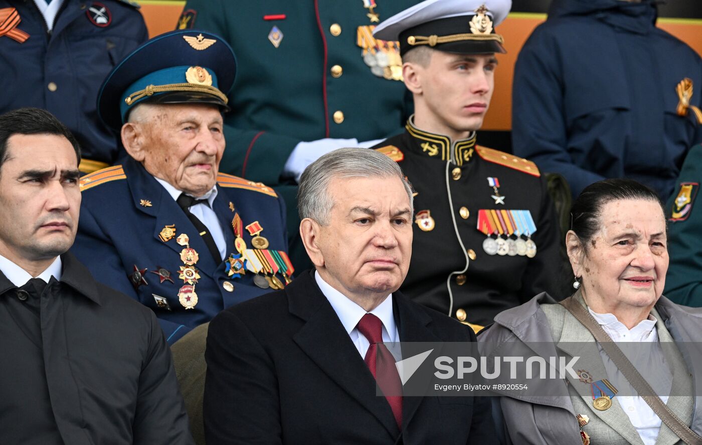 President of Russia Vladimir Putin and foreign leaders at military parade marking 80th anniversary of Victory