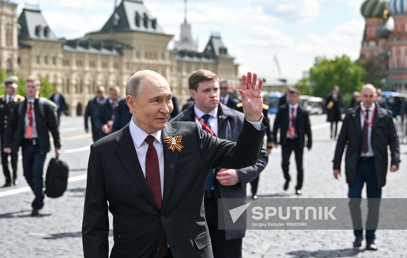 President of Russia Vladimir Putin and foreign leaders at military parade marking 80th anniversary of Victory