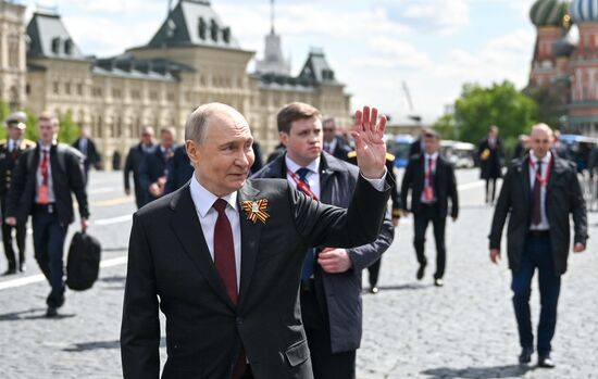 President of Russia Vladimir Putin on Red Square in Moscow during the military parade to mark the 80th anniversary of Victory. On May 9, Russia celebrates the 80th anniversary of Victory in the Great Patriotic War of 1941-1945. Location: Russia, Moscow. Author: Sergey Bobylev/Sputnik. President of Russia Vladimir Putin and foreign leaders at military parade marking 80th anniversary of Victory