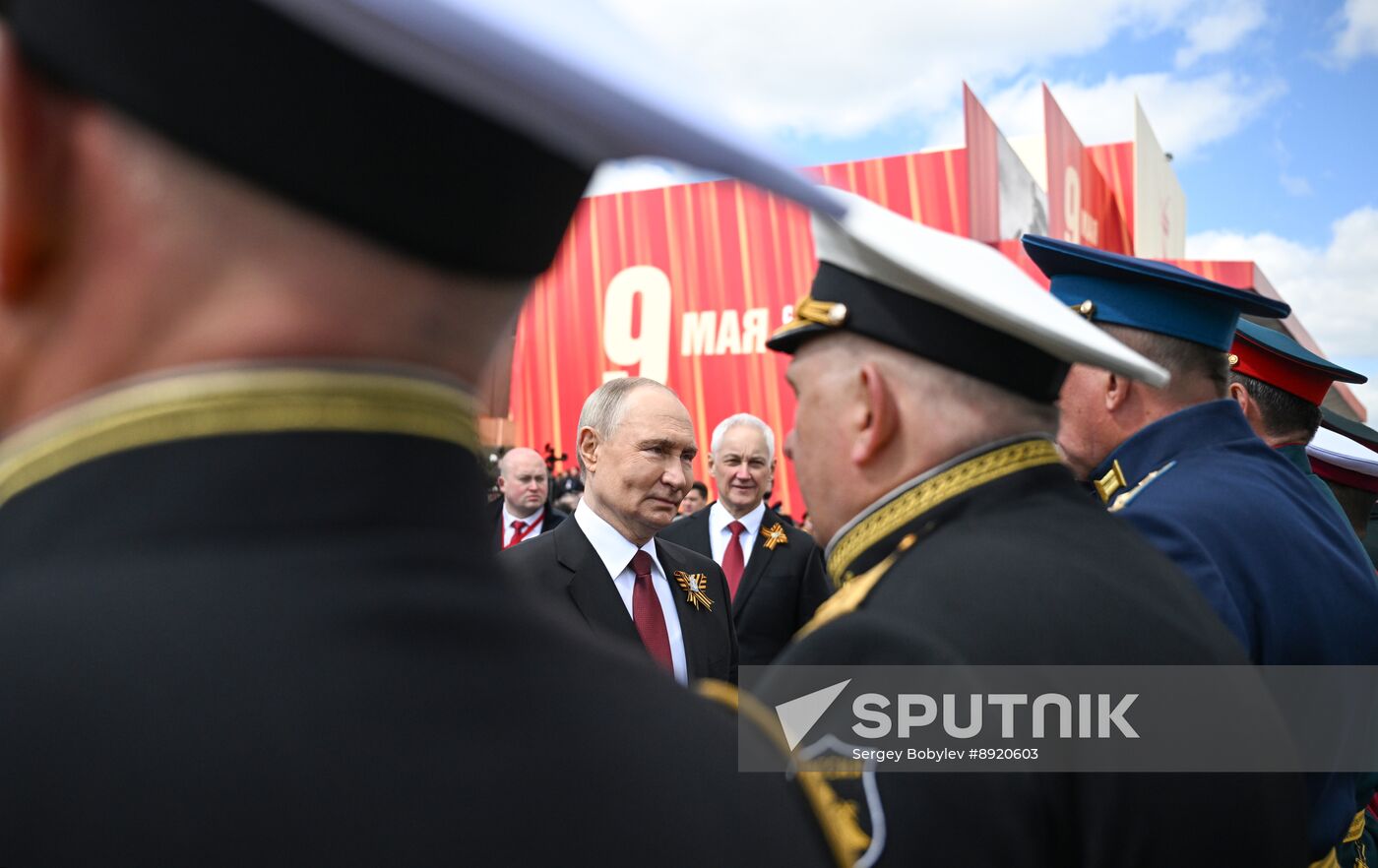 President of Russia Vladimir Putin and foreign leaders at military parade marking 80th anniversary of Victory