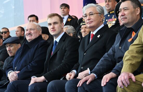 From left: Prime Minister of Armenia Nikol Pashinyan, President of Belarus Alexander Lukashenko with his son Nikolai, President of Kazakhstan Kassym-Jomart Tokayev, President of Kyrgyzstan Sadyr Japarov and Great Patriotic War veteran Nerses Simonyan, back center, on Red Square in Moscow, where a military parade marking the 80th anniversary of Victory is taking place. Russia marks the 80th anniversary of Victory in the Great Patriotic War of 1941-1945. Location: Russia, Moscow. President of Russia Vladimir Putin and foreign leaders at military parade marking 80th anniversary of Victory