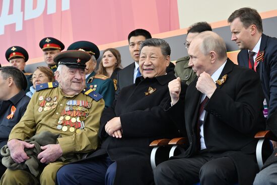 President of Russia Vladimir Putin and foreign leaders at military parade marking 80th anniversary of Victory