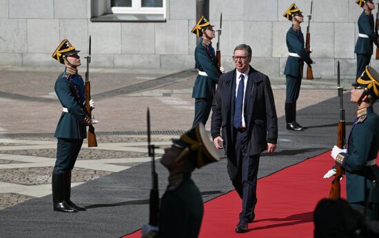 Serbian President Aleksandar Vucic arrives at the Kremlin to meet with Russian President Vladimir Putin ahead of the military parade to mark the 80th anniversary of Victory. On May 9, Russia celebrates the 80th anniversary of Victory in the Great Patriotic War of 1941-1945. Location: Russia, Moscow. Author: Alexei Danichev/Sputnik. President of Russia Vladimir Putin's meeting with foreign leaders