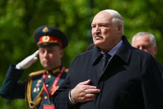 President of Belarus Alexander Lukashenko at a joint wreath-laying ceremony by President of Russia Vladimir Putin and foreign leaders at the Tomb of the Unknown Soldier in Alexander Garden, Moscow. Russia marks the 80th anniversary of Victory in the Great Patriotic War of 1941-1945. Location: Russia, Moscow. Author: Grigory Sysoev/Sputnik. Wreath-laying ceremony at the Tomb of the Unknown Soldier