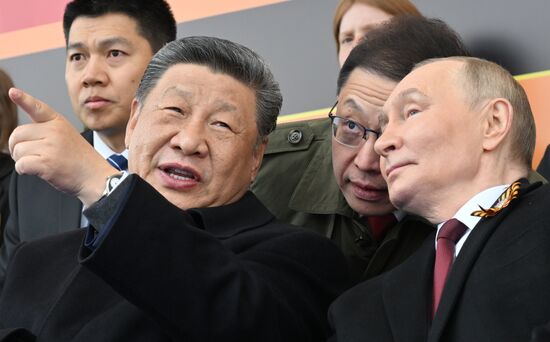 President of Russia Vladimir Putin and President of China Xi Jinping on Red Square in Moscow, where a military parade marking the 80th anniversary of Victory is taking place. Russia marks the 80th anniversary of Victory in the Great Patriotic War of 1941-1945. Location: Russia, Moscow. President of Russia Vladimir Putin and foreign leaders at military parade marking 80th anniversary of Victory