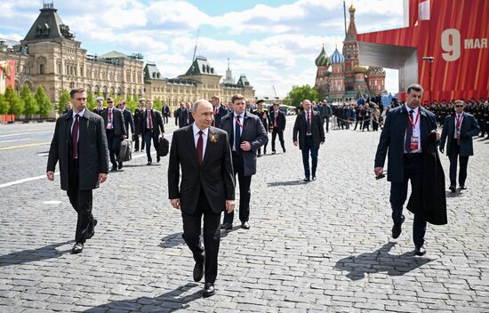 President of Russia Vladimir Putin and foreign leaders at military parade marking 80th anniversary of Victory