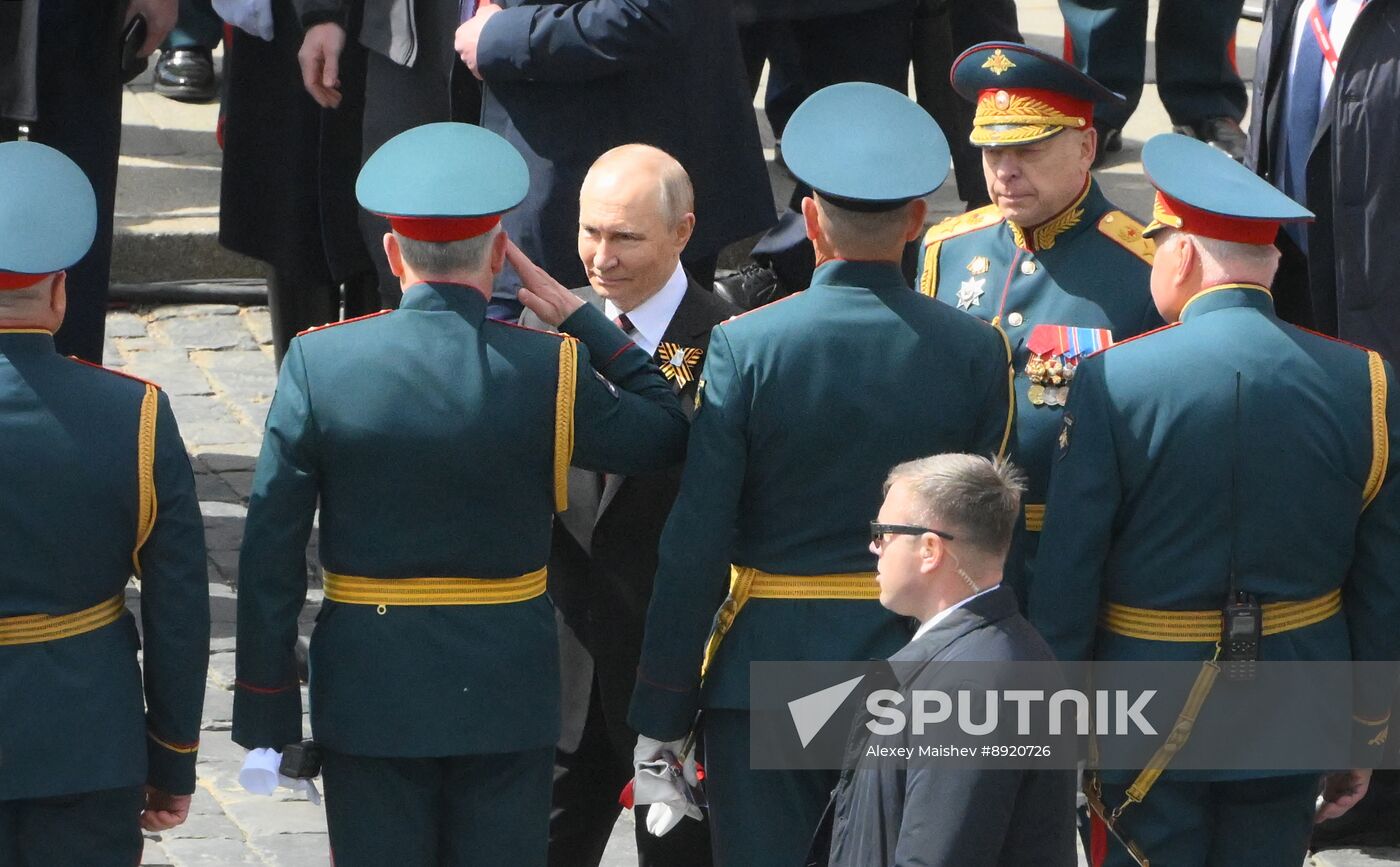 President of Russia Vladimir Putin and foreign leaders at military parade marking 80th anniversary of Victory
