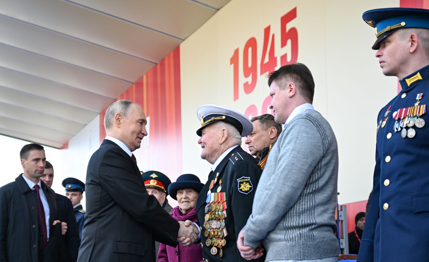 President of Russia Vladimir Putin and foreign leaders at military parade marking 80th anniversary of Victory