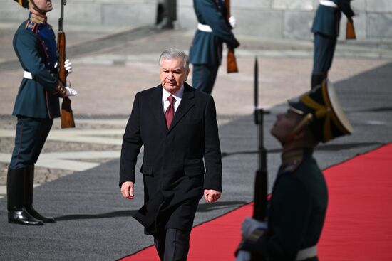 Uzbek President Shavkat Mirziyoyev arrives at the Kremlin to meet with Russian President Vladimir Putin ahead of the military parade to mark the 80th anniversary of Victory. On May 9, Russia celebrates the 80th anniversary of Victory in the Great Patriotic War of 1941-1945. Location: Russia, Moscow. Author: Alexei Danichev/Sputnik. President of Russia Vladimir Putin's meeting with foreign leaders