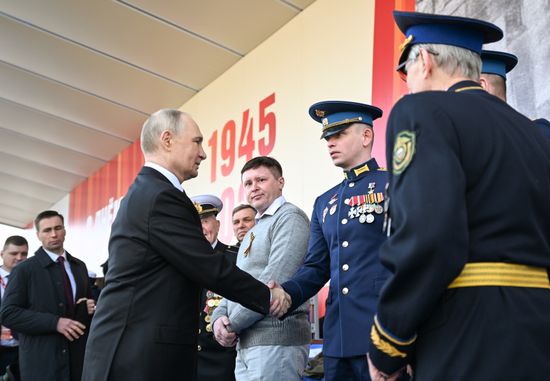 President of Russia Vladimir Putin on Red Square in Moscow, where a military parade marking the 80th anniversary of Victory is taking place. Russia marks the 80th anniversary of Victory in the Great Patriotic War of 1941-1945. Location: Russia, Moscow. Author: Sergey Bobylev/Sputnik. President of Russia Vladimir Putin and foreign leaders at military parade marking 80th anniversary of Victory