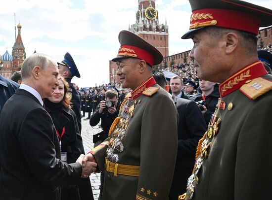 President of Russia Vladimir Putin on Red Square in Moscow at the military parade to mark the 80th anniversary of Victory. On May 9, Russia celebrates the 80th anniversary of Victory in the Great Patriotic War of 1941-1945. Location: Russia, Moscow. Author: Sergey Bobylev/Sputnik. President of Russia Vladimir Putin and foreign leaders at military parade marking 80th anniversary of Victory