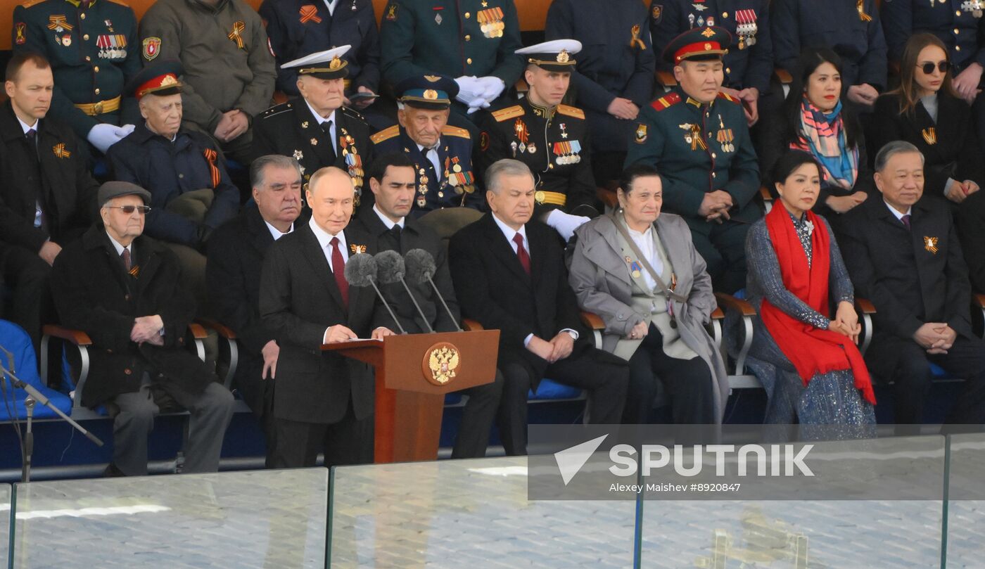 President of Russia Vladimir Putin and foreign leaders at military parade marking 80th anniversary of Victory
