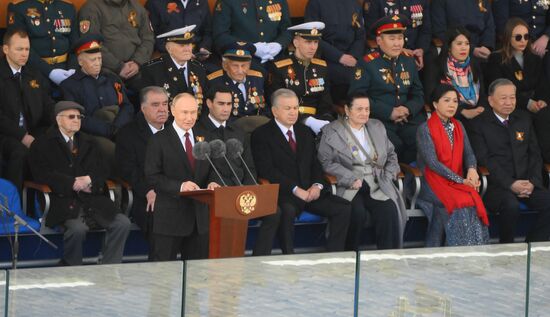 President of Russia Vladimir Putin on Red Square in Moscow, where a military parade marking the 80th anniversary of Victory is taking place. Russia marks the 80th anniversary of Victory in the Great Patriotic War of 1941-1945. Location: Russia, Moscow. Author: Alexey Maishev/Sputnik. President of Russia Vladimir Putin and foreign leaders at military parade marking 80th anniversary of Victory