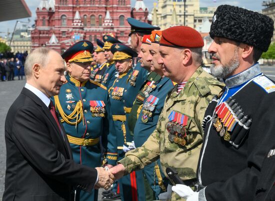 President of Russia Vladimir Putin on Red Square in Moscow, where a military parade marking the 80th anniversary of Victory is taking place. Russia marks the 80th anniversary of Victory in the Great Patriotic War of 1941-1945. Location: Russia, Moscow. Author: Evgeny Biyatov/Sputnik. President of Russia Vladimir Putin and foreign leaders at military parade marking 80th anniversary of Victory