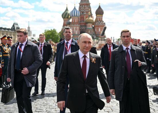 President of Russia Vladimir Putin on Red Square in Moscow, where a military parade marking the 80th anniversary of Victory is taking place. Russia marks the 80th anniversary of Victory in the Great Patriotic War of 1941-1945. Location: Russia, Moscow. Author: Sergey Bobylev/Sputnik. President of Russia Vladimir Putin and foreign leaders at military parade marking 80th anniversary of Victory
