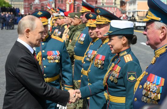 President of Russia Vladimir Putin on Red Square in Moscow, where a military parade marking the 80th anniversary of Victory is taking place. Russia marks the 80th anniversary of Victory in the Great Patriotic War of 1941-1945. Location: Russia, Moscow. Author: Evgeny Biyatov/Sputnik. President of Russia Vladimir Putin and foreign leaders at military parade marking 80th anniversary of Victory