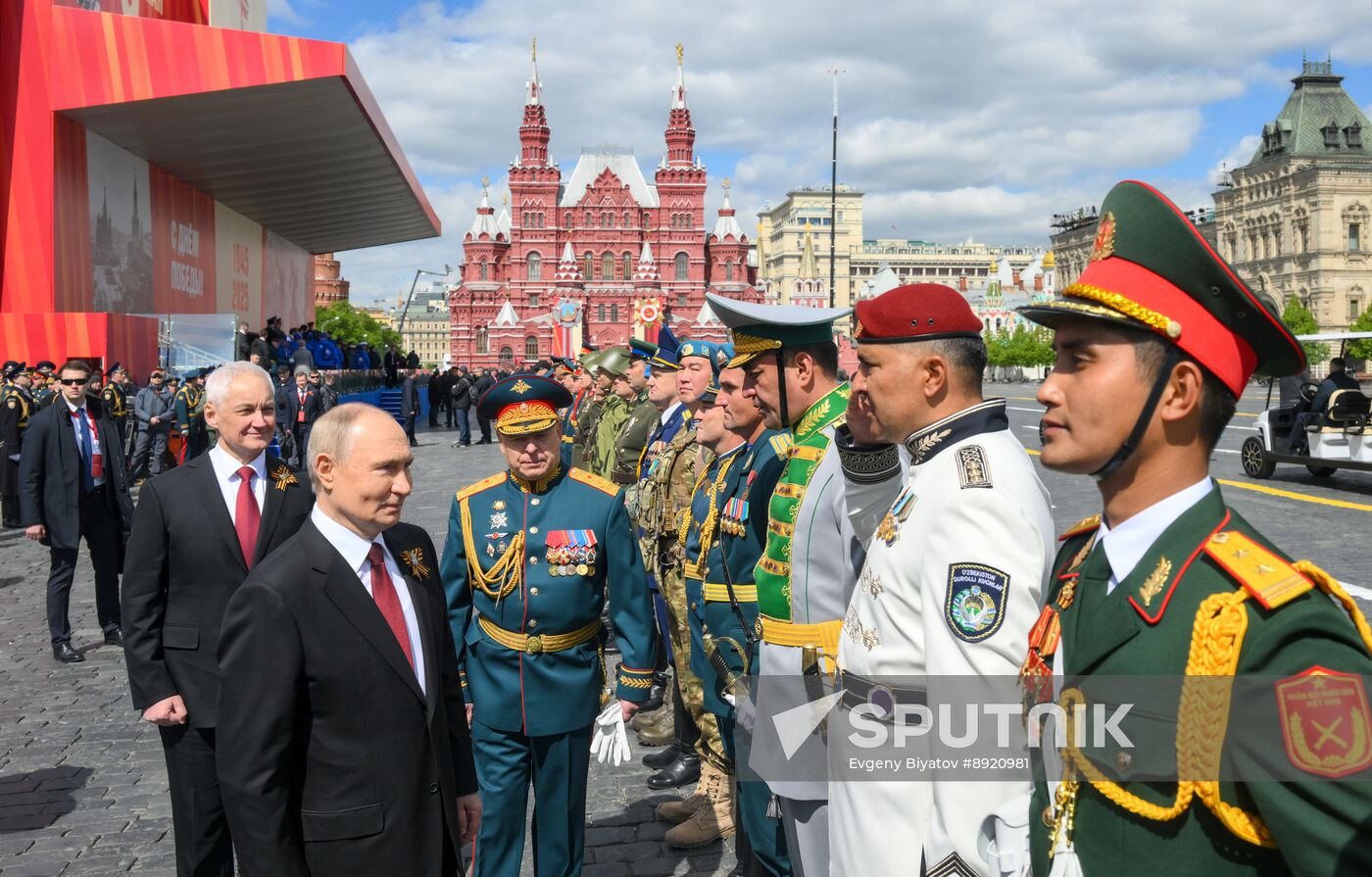 President of Russia Vladimir Putin and foreign leaders at military parade marking 80th anniversary of Victory