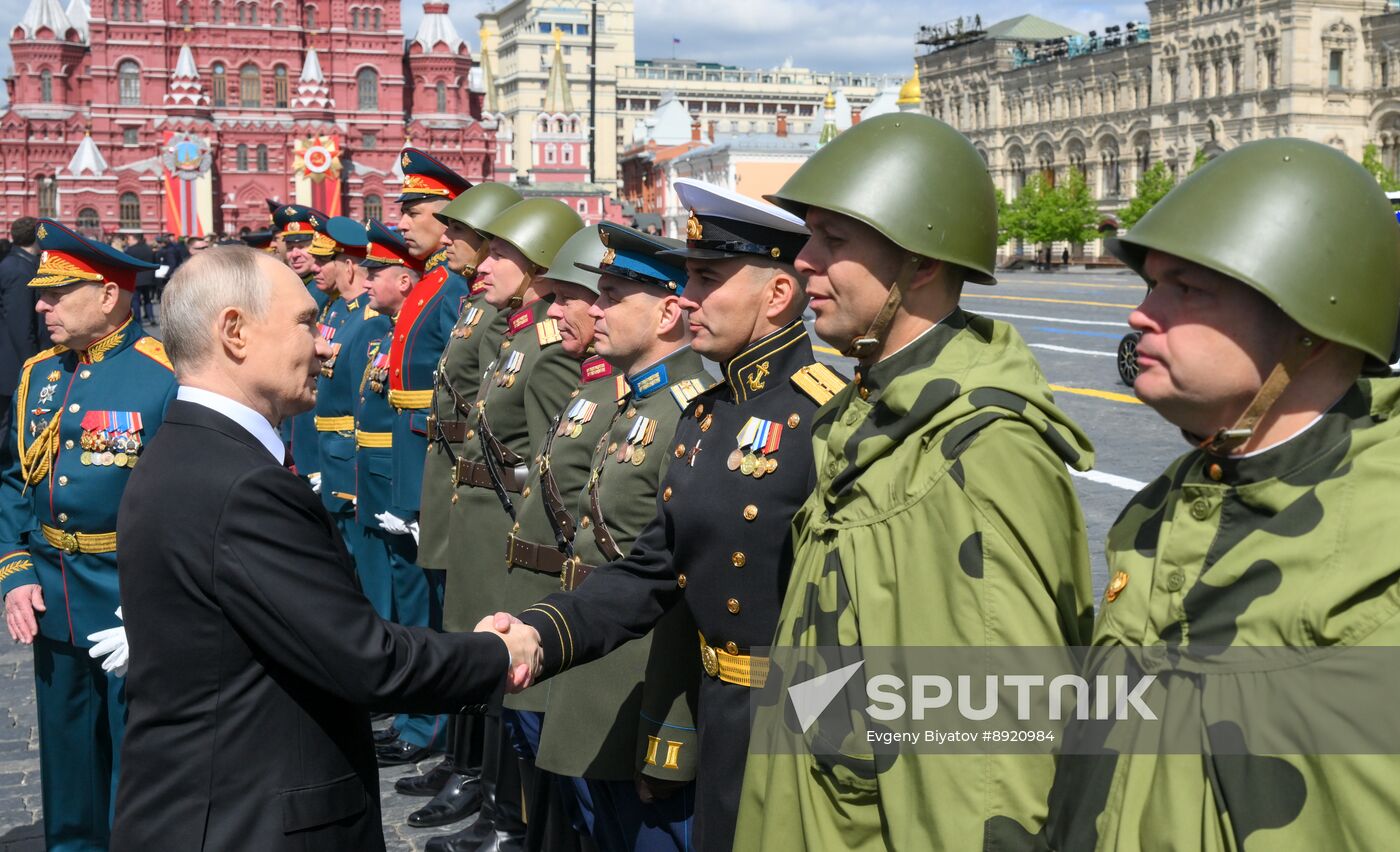 President of Russia Vladimir Putin and foreign leaders at military parade marking 80th anniversary of Victory