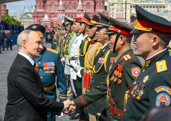 President of Russia Vladimir Putin and foreign leaders at military parade marking 80th anniversary of Victory
