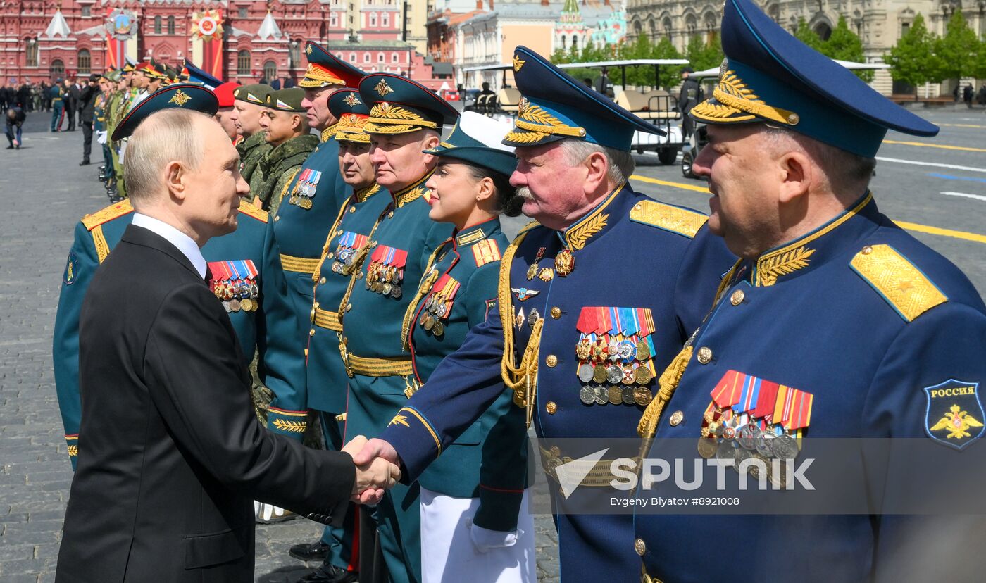 President of Russia Vladimir Putin and foreign leaders at military parade marking 80th anniversary of Victory