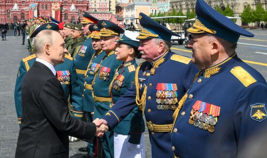 President of Russia Vladimir Putin and foreign leaders at military parade marking 80th anniversary of Victory