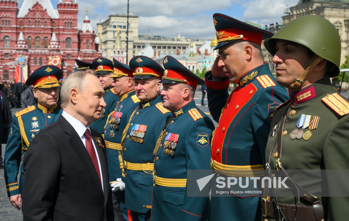 President of Russia Vladimir Putin and foreign leaders at military parade marking 80th anniversary of Victory