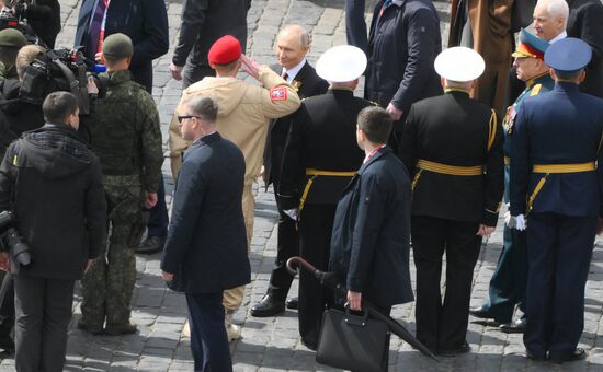President of Russia Vladimir Putin on Red Square in Moscow after the military parade to mark the 80th anniversary of Victory in the Great Patriotic War. Location: Russia, Moscow. Author: Alexey Maishev/Sputnik. President of Russia Vladimir Putin and foreign leaders at military parade marking 80th anniversary of Victory