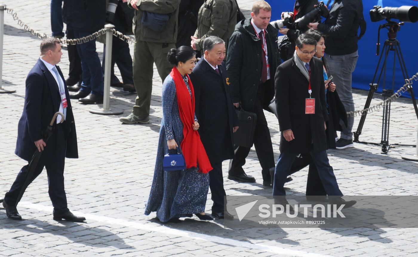 President of Russia Vladimir Putin and foreign leaders at military parade marking 80th anniversary of Victory
