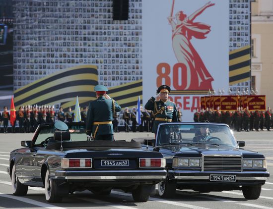 Acting Commander of the Leningrad Military District Rustam Minnekayev and Acting Chief of Staff of the Leningrad Military District Mikhail Lysenko at the military parade to mark the 80th anniversary of Victory in the Great Patriotic War in St. Petersburg. Location: Russia, St. Petersburg. Author: Mikhail Kireev/Sputnik. Victory Parade. St. Petersburg