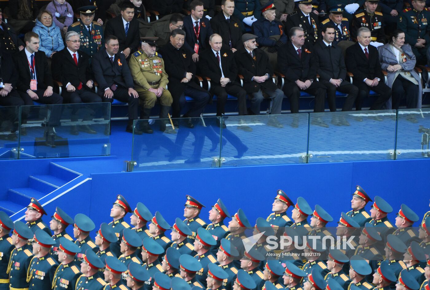 President of Russia Vladimir Putin and foreign leaders at military parade marking 80th anniversary of Victory