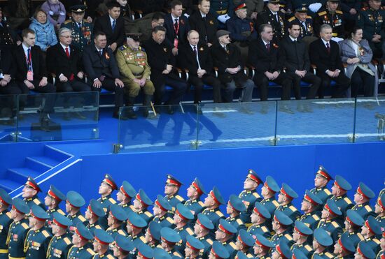 President of Russia Vladimir Putin and President of China Xi Jinping on Red Square in Moscow, where a military parade marking the 80th anniversary of Victory is taking place. Russia marks the 80th anniversary of Victory in the Great Patriotic War of 1941-1945. Location: Russia, Moscow. Author: Alexey Maishev/Sputnik. President of Russia Vladimir Putin and foreign leaders at military parade marking 80th anniversary of Victory