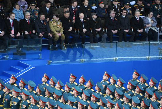 President of Russia Vladimir Putin and President of China Xi Jinping on Red Square in Moscow, where a military parade marking the 80th anniversary of Victory is taking place. Russia marks the 80th anniversary of Victory in the Great Patriotic War of 1941-1945. Location: Russia, Moscow. Author: Alexey Maishev/Sputnik. President of Russia Vladimir Putin and foreign leaders at military parade marking 80th anniversary of Victory