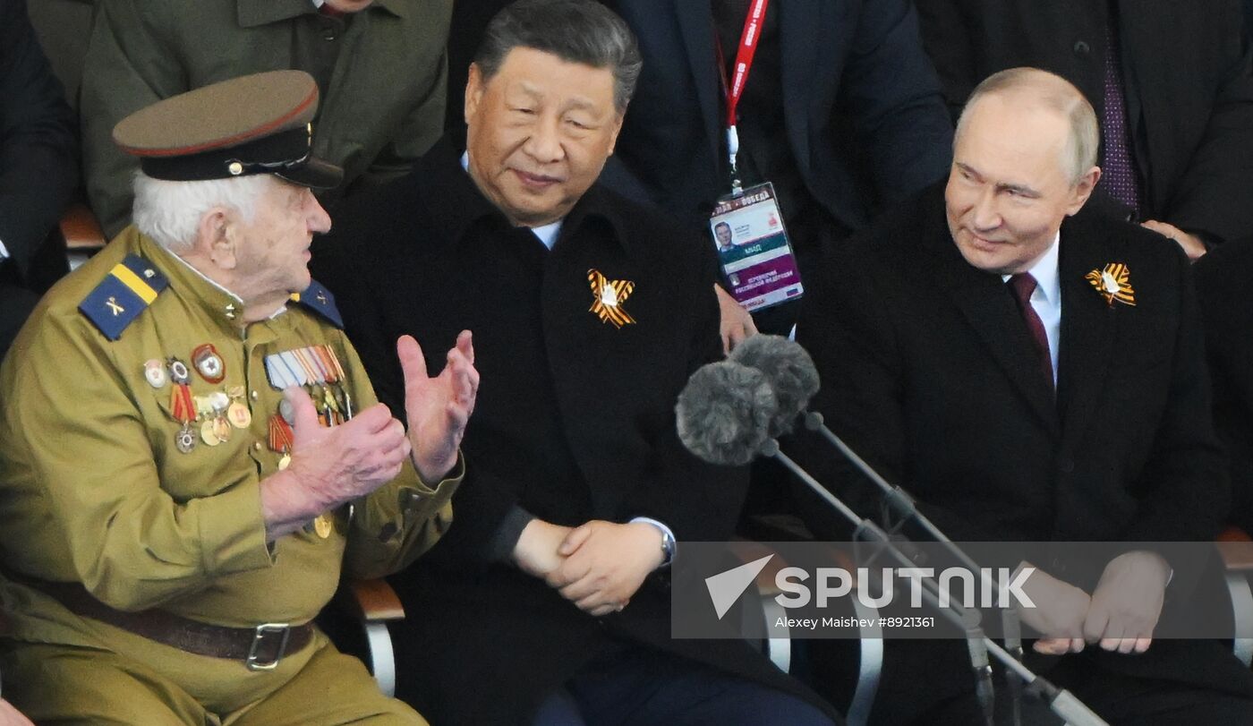 President of Russia Vladimir Putin and foreign leaders at military parade marking 80th anniversary of Victory