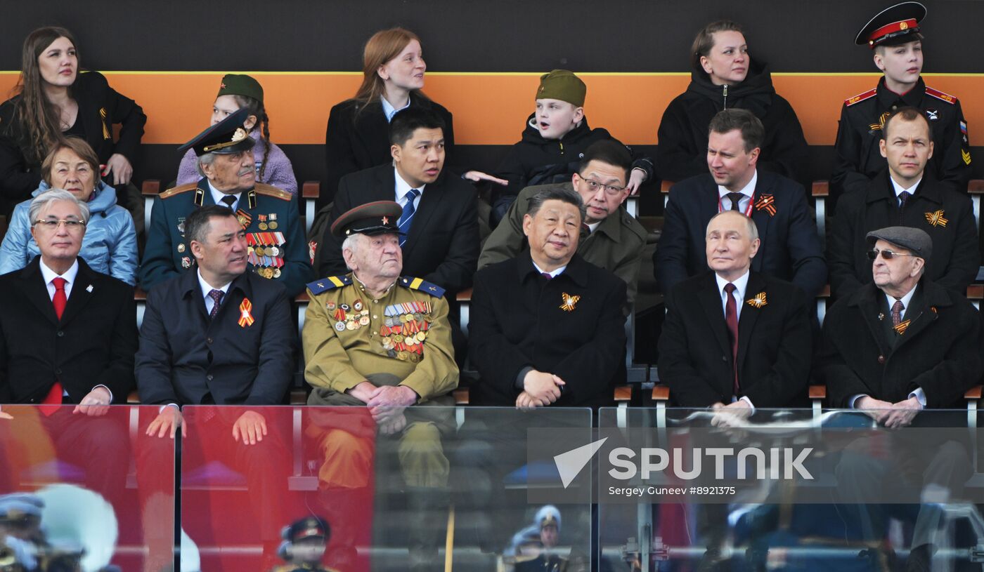 President of Russia Vladimir Putin and foreign leaders at military parade marking 80th anniversary of Victory