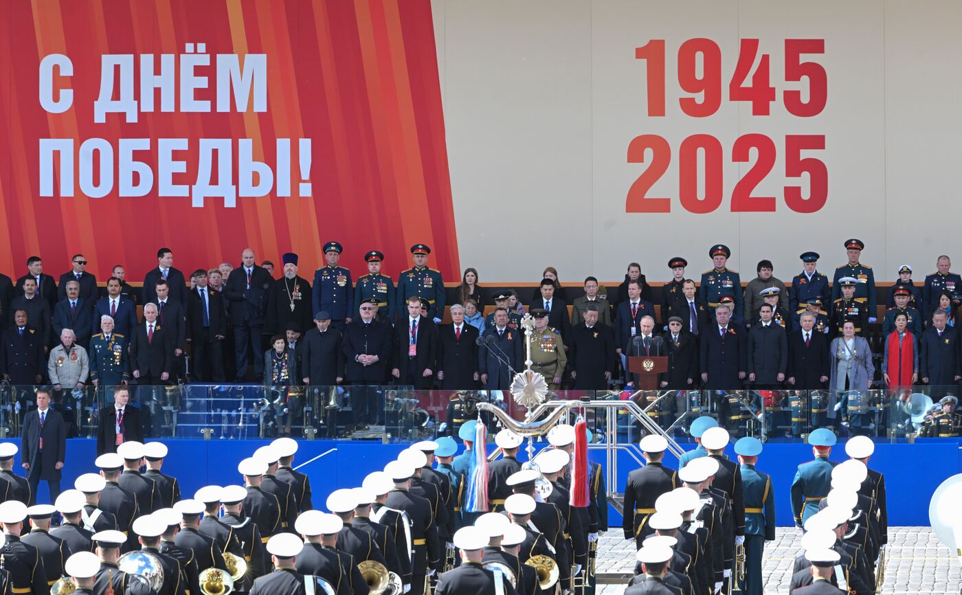 President of Russia Vladimir Putin and foreign leaders at military parade marking 80th anniversary of Victory