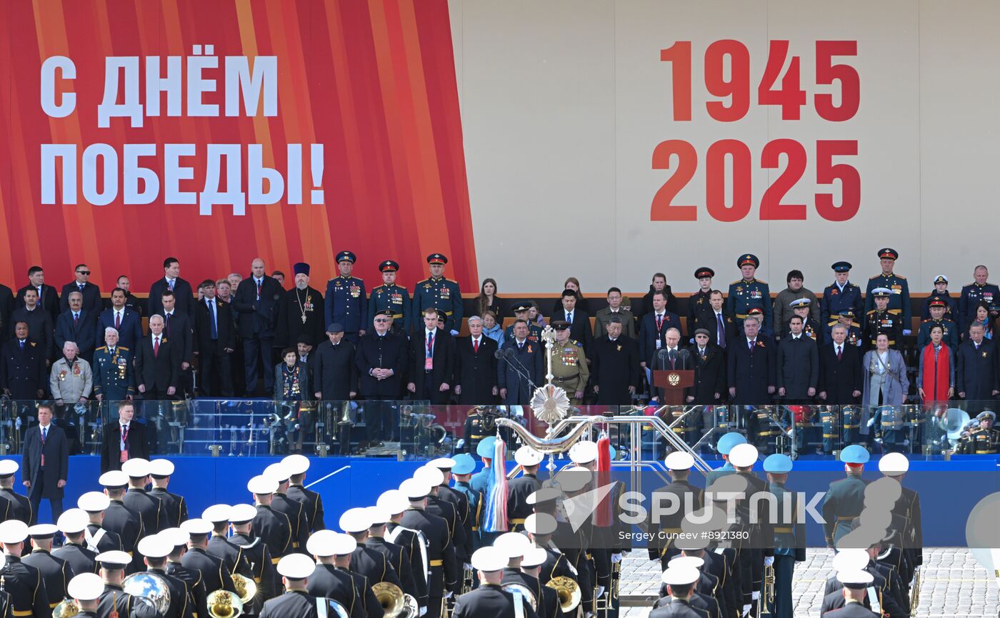 President of Russia Vladimir Putin and foreign leaders at military parade marking 80th anniversary of Victory