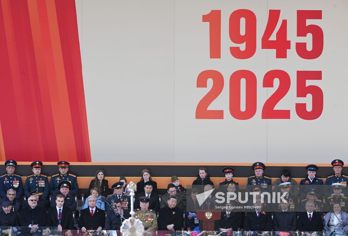President of Russia Vladimir Putin and foreign leaders at military parade marking 80th anniversary of Victory