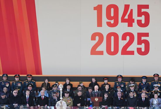 President of Russia Vladimir Putin speaks on Red Square in Moscow at the military parade to mark the 80th anniversary of Victory. On May 9, Russia celebrates the 80th anniversary of Victory in the Great Patriotic War of 1941-1945. Location: Russia, Moscow. Author: Sergey Guneev/Sputnik. President of Russia Vladimir Putin and foreign leaders at military parade marking 80th anniversary of Victory
