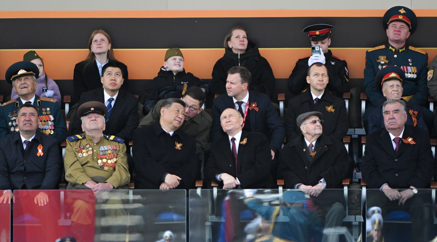 President of Russia Vladimir Putin and foreign leaders at military parade marking 80th anniversary of Victory