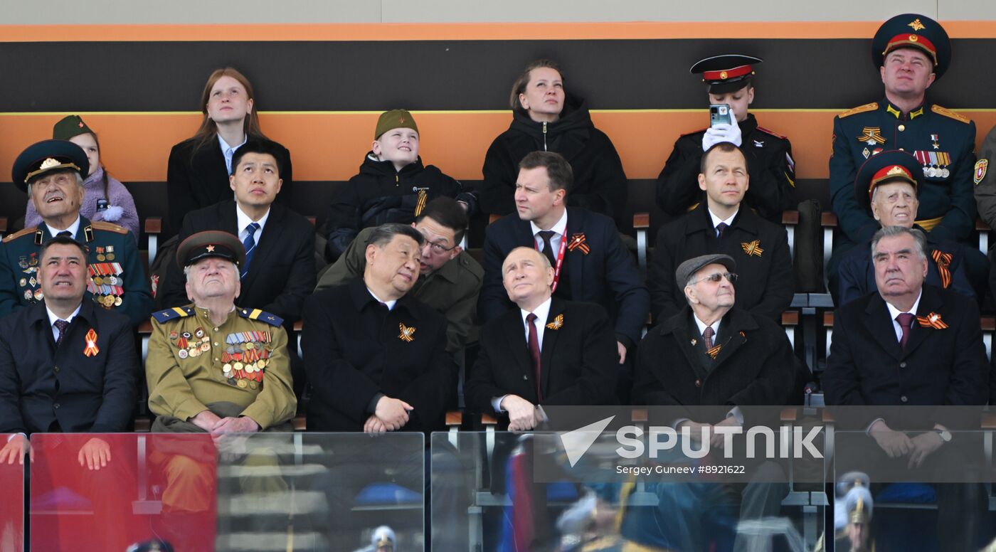 President of Russia Vladimir Putin and foreign leaders at military parade marking 80th anniversary of Victory