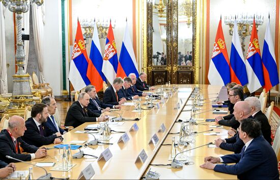 President of Russia Vladimir Putin and President of Serbia Aleksandar Vucic during their meeting. Location: Russia, Moscow. Author: Sergey Bobylev/Sputnik. President of Russia Vladimir Putin's meeting with President of Serbia Aleksandar Vucic