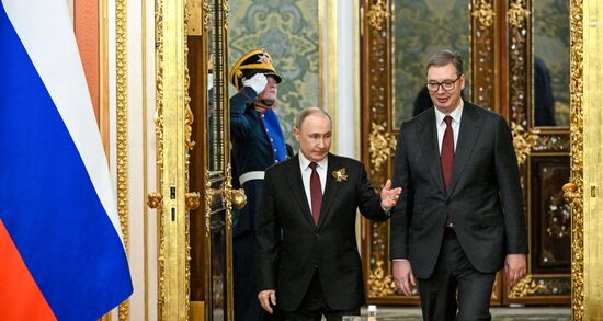 President of Russia Vladimir Putin and President of Serbia Aleksandar Vucic during their meeting. Location: Russia, Moscow. Author: Sergey Bobylev/Sputnik. President of Russia Vladimir Putin's meeting with President of Serbia Aleksandar Vucic