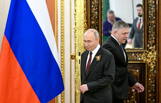 President of Russia Vladimir Putin and Prime Minister of Slovakia Robert Fico during their meeting. Location: Russia, Moscow. Author: Sergey Bobylev/Sputnik. President of Russia Vladimir Putin's meeting with Prime Minister of Slovakia Robert Fico