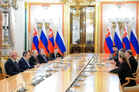President of Russia Vladimir Putin and Prime Minister of Slovakia Robert Fico during their meeting. Location: Russia, Moscow. Author: Sergey Bobylev/Sputnik. President of Russia Vladimir Putin's meeting with Prime Minister of Slovakia Robert Fico