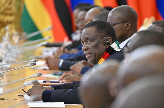 President of Zimbabwe Emmerson Mnangagwa during a meeting with President of Russia Vladimir Putin. Location: Russia, Moscow. Author: Stanislav Krasilnikov/Sputnik. President of Russia Vladimir Putin meets with President of Zimbabwe Emmerson Mnangagwa