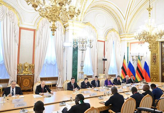 President of Russia Vladimir Putin during a meeting with President of Zimbabwe Emmerson Mnangagwa Location: Russia, Moscow. Author: Stanislav Krasilnikov/Sputnik. President of Russia Vladimir Putin meets with President of Zimbabwe Emmerson Mnangagwa
