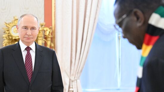 President of Russia Vladimir Putin during a meeting with President of Zimbabwe Emmerson Mnangagwa Location: Russia, Moscow. Author: Stanislav Krasilnikov/Sputnik. President of Russia Vladimir Putin meets with President of Zimbabwe Emmerson Mnangagwa