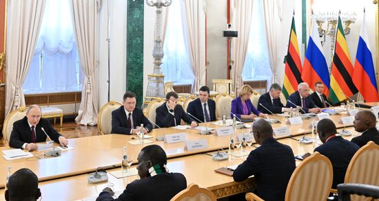 President of Russia Vladimir Putin during a meeting with President of Zimbabwe Emmerson Mnangagwa Location: Russia, Moscow. Author: Stanislav Krasilnikov/Sputnik. President of Russia Vladimir Putin meets with President of Zimbabwe Emmerson Mnangagwa