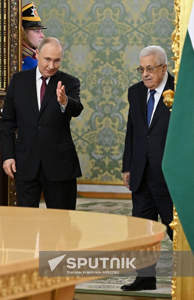 President of Russia Vladimir Putin meets with President of Palestine Mahmoud Abbas